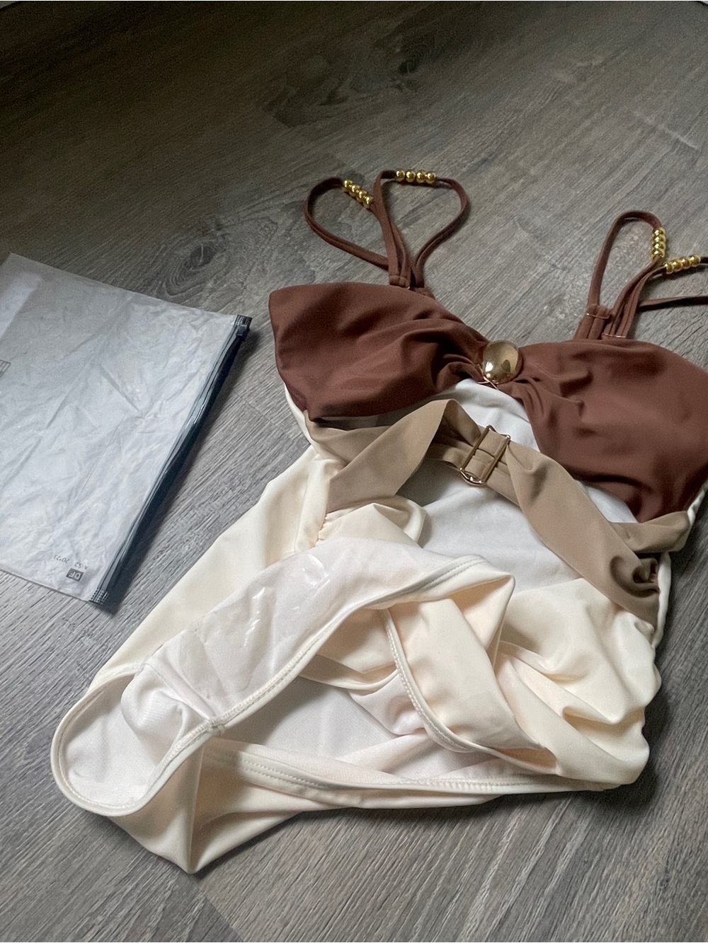 Amazon Women One-Piece Swimsuit in Brown, Beige & Cream with Gold Accents - Picture 2 of 3